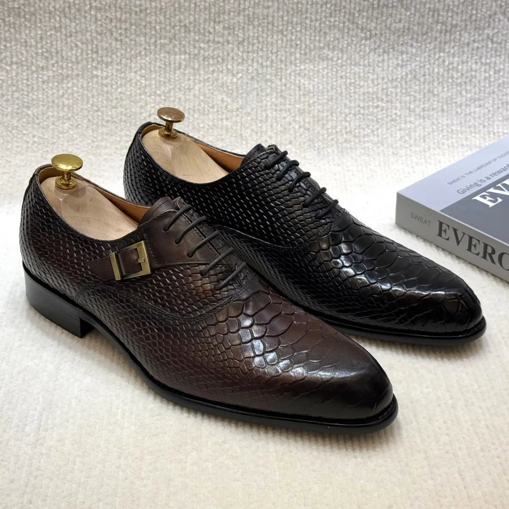 Distinto - Men's Fashionable Snake-Embossed Leather Buckled Derby Shoes - Ashour Shoes