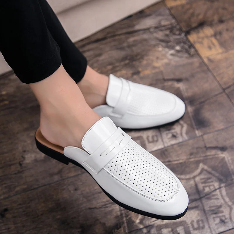 Half Shoes for Men Leather Mules Casual Shoes Men Fashion 2022 Men Slipper Mules Backless Loafers Black Flat Heel Party Slippers - Ashour Shoes