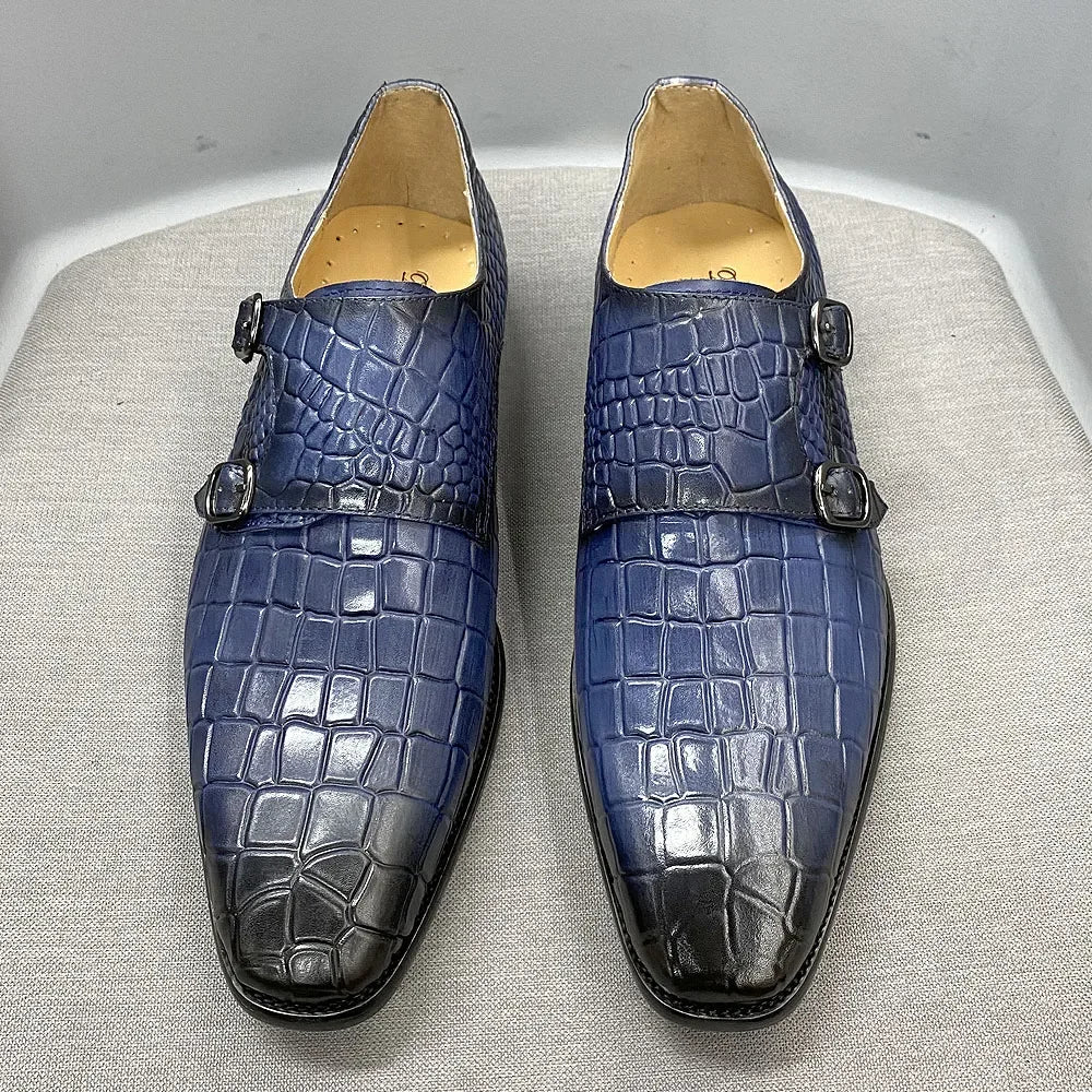Maestro - Men's Elegant Black Crocodile Embossed Double Monk Strap Dress Shoes - Ashour Shoes