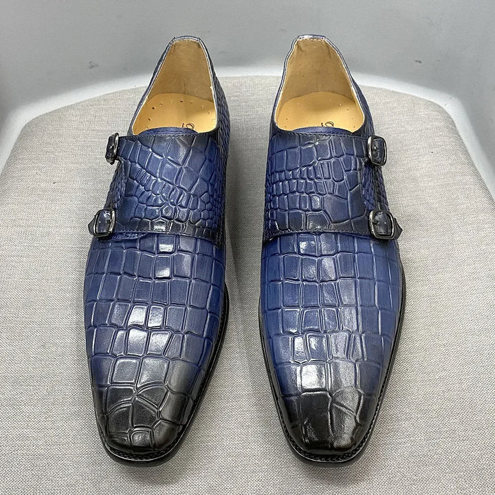 Maestro - Men's Elegant Black Crocodile Embossed Double Monk Strap Dress Shoes