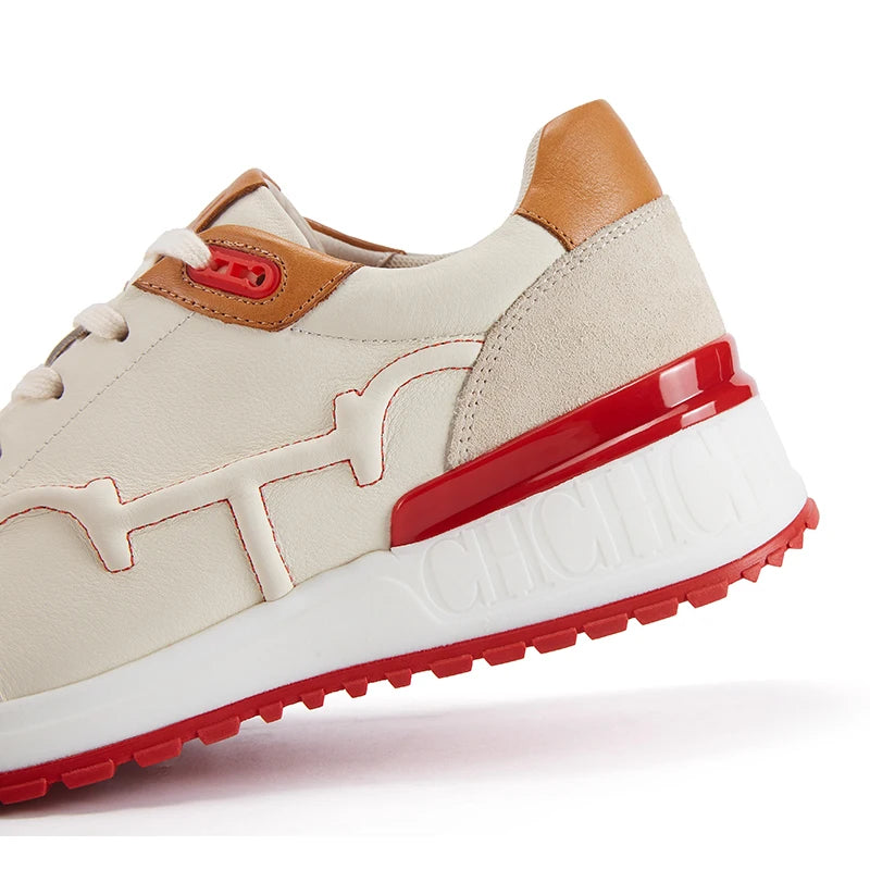 Vivida - Women's Cream & Red Microfiber Fashion Sneakers - Ashour Shoes