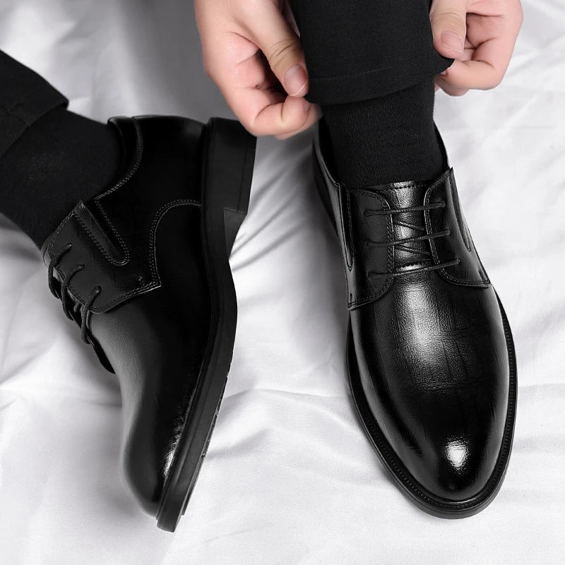 Ascenso - Men's 8 CM Height Increasing Black Split Leather Oxford Dress Shoes - Ashour Shoes