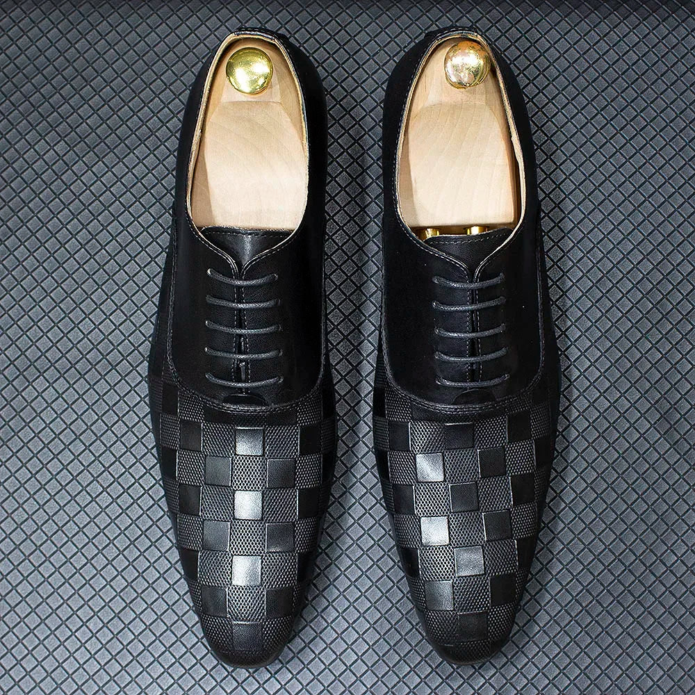 Ardito - Men's Luxury Genuine Leather Oxford Dress Shoes with Embossed Checkered Print - Ashour Shoes