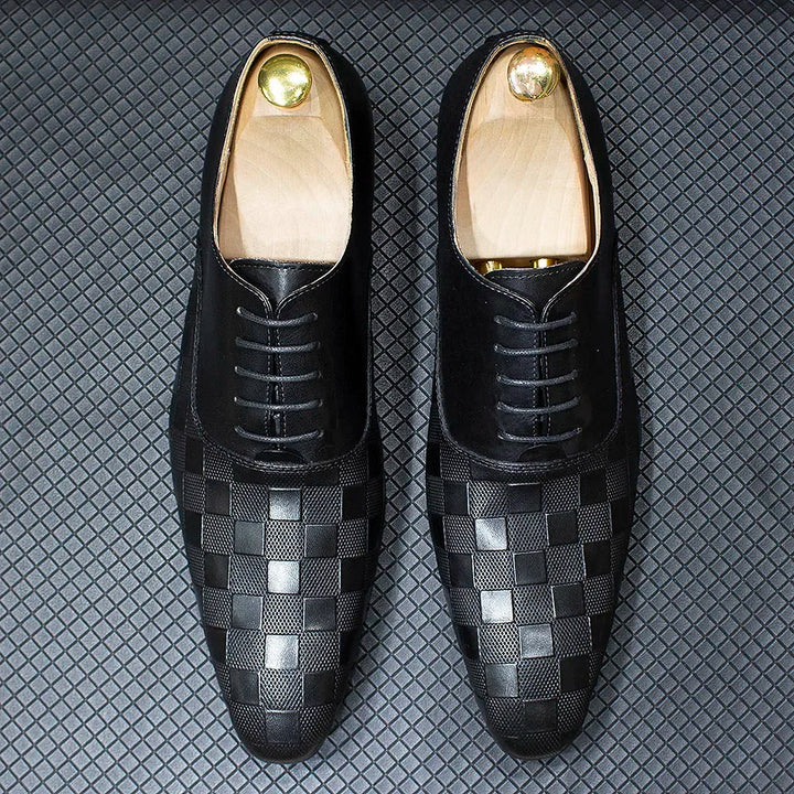 Ardito - Men's Luxury Genuine Leather Oxford Dress Shoes with Embossed Checkered Print