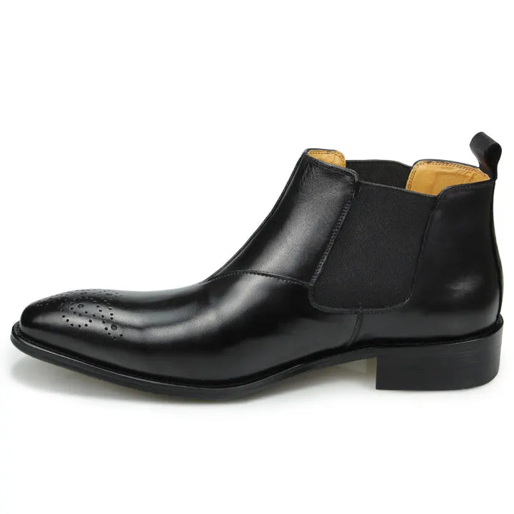 Romano - Men's Chelsea leather ankle boots with broguing (slip on) - Ashour Shoes