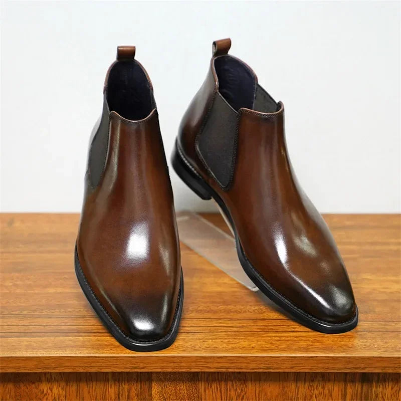 Raffinato - Men's Polished Burnished Leather-Look Chelsea Ankle Boots - Ashour Shoes