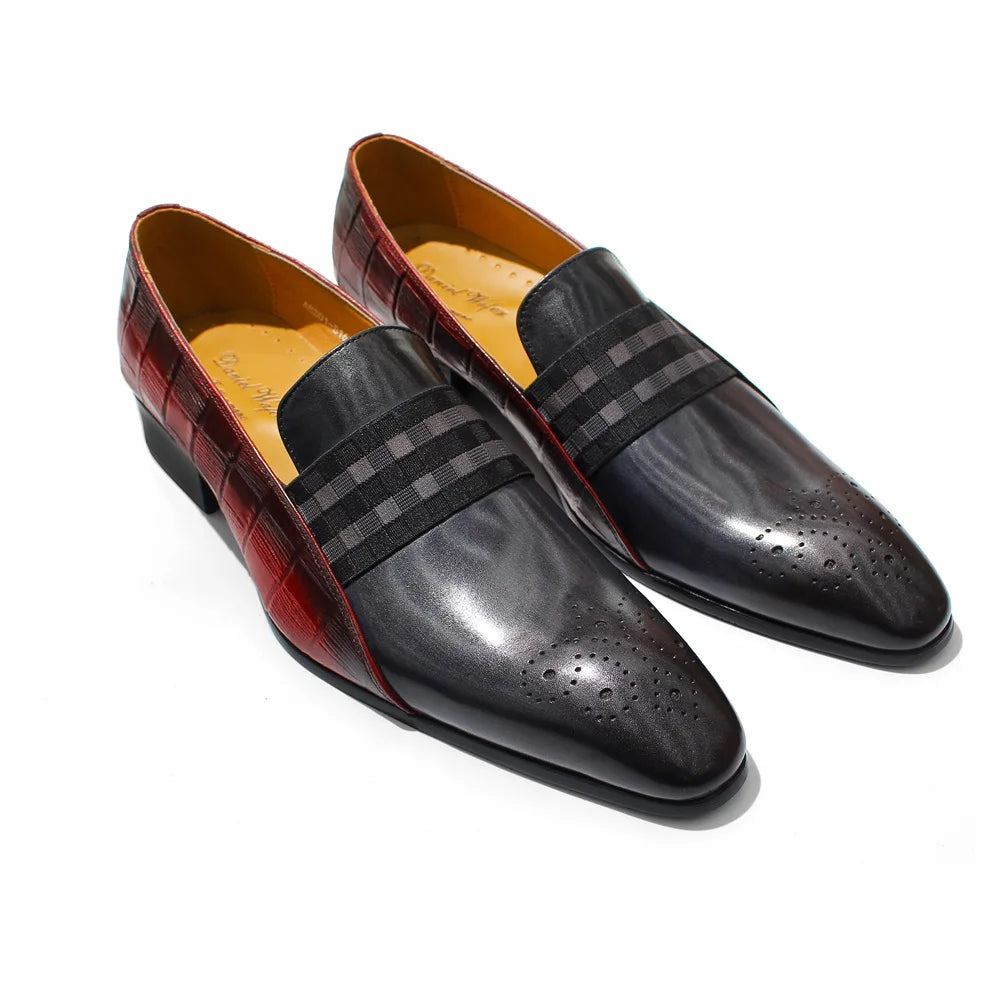 Distinto - Men's Two-Tone Leather Loafers with Checkered Band and Brogue Detail - Ashour Shoes