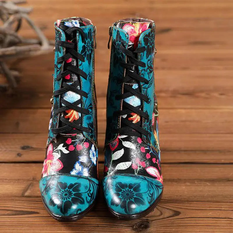 Armak2 - Vibrant floral pattern leather booties for women
