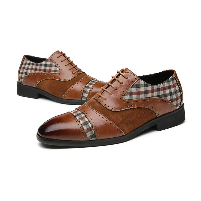 The Mash - Checkered Oxford Brogue Shoes with Patchwork tartan Fabric