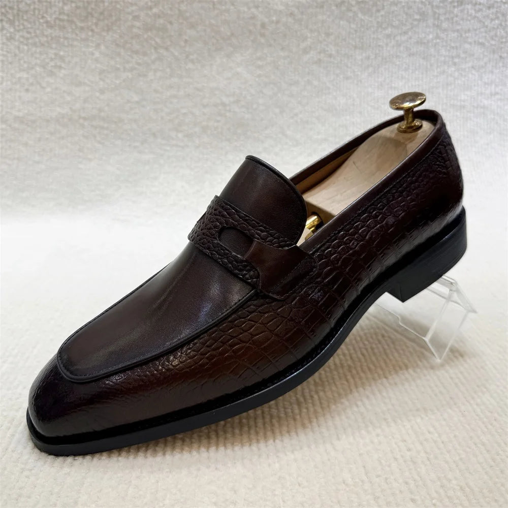 Eleganza - Men's Dark Brown Crocodile Print Leather Loafers - Ashour Shoes
