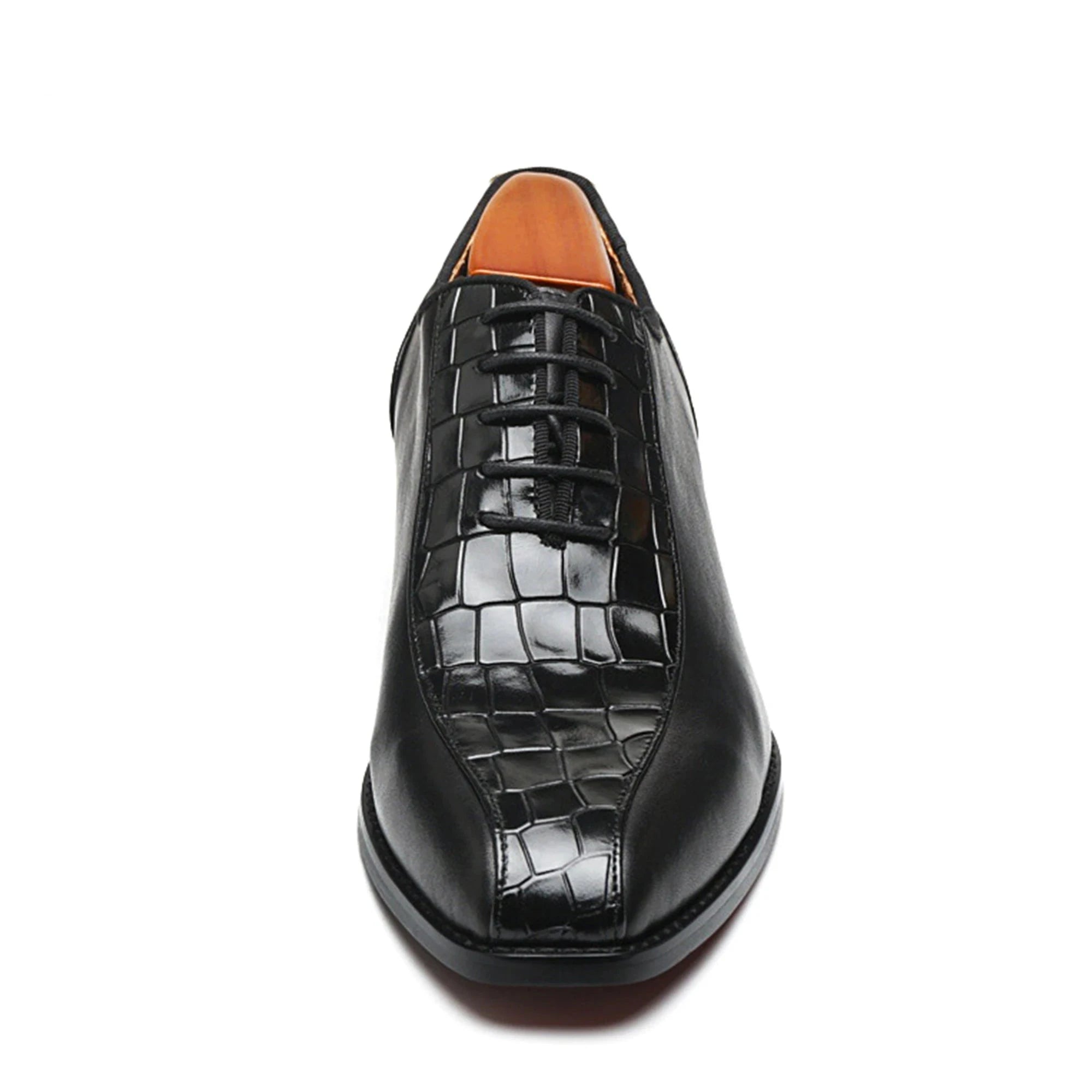 The Luxxor - Red bottom sole leather oxford dress shoes with half alligator print