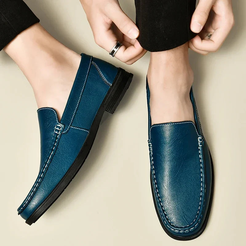 Sereno2 - Men's Blue PU Leather Slip-On Driving Moccasin Loafers - Ashour Shoes