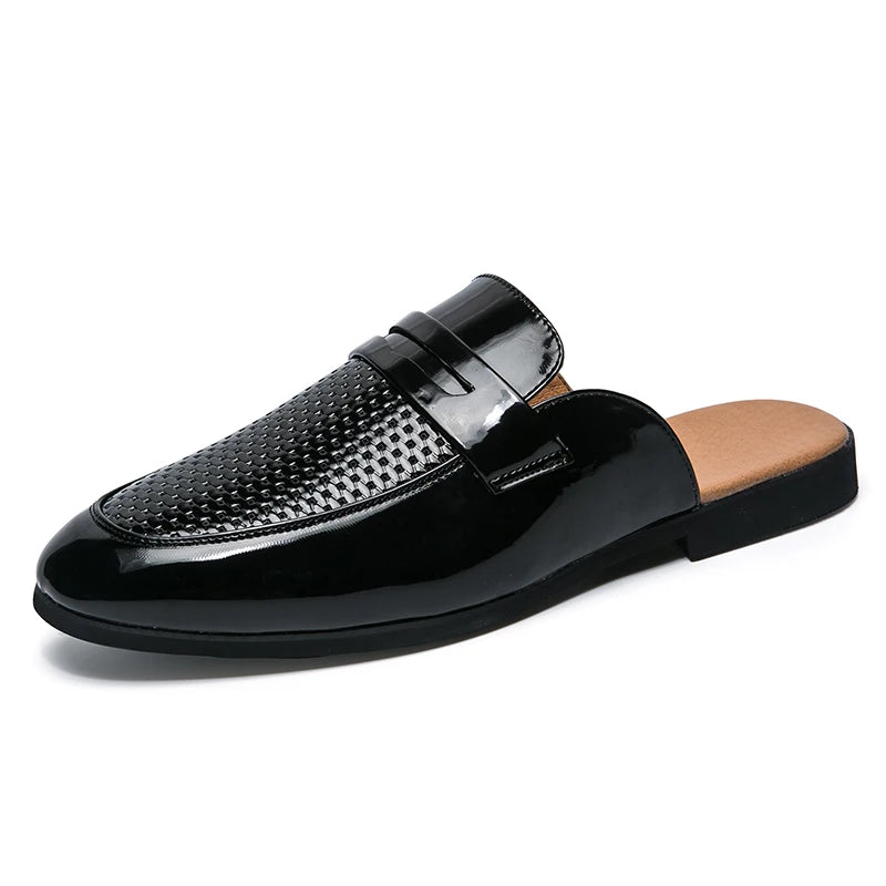 Half Shoes for Men Leather Mules Casual Shoes Men Fashion 2022 Men Slipper Mules Backless Loafers Black Flat Heel Party Slippers - Ashour Shoes