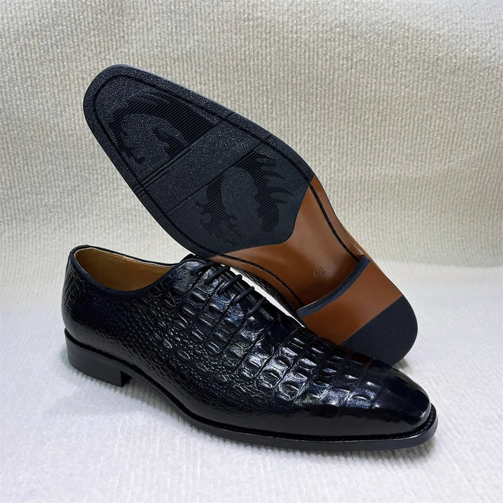 Distinto - Men's Lace-Up Pointed Toe Crocodile Embossed Leather Oxford Dress Shoes