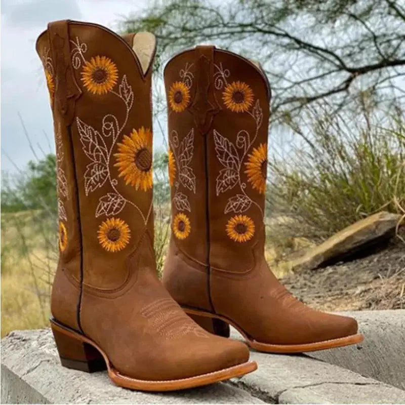Vintage 4 - Western vegan leather Cowboy Women's high Boots with floral patten - Ashour Shoes