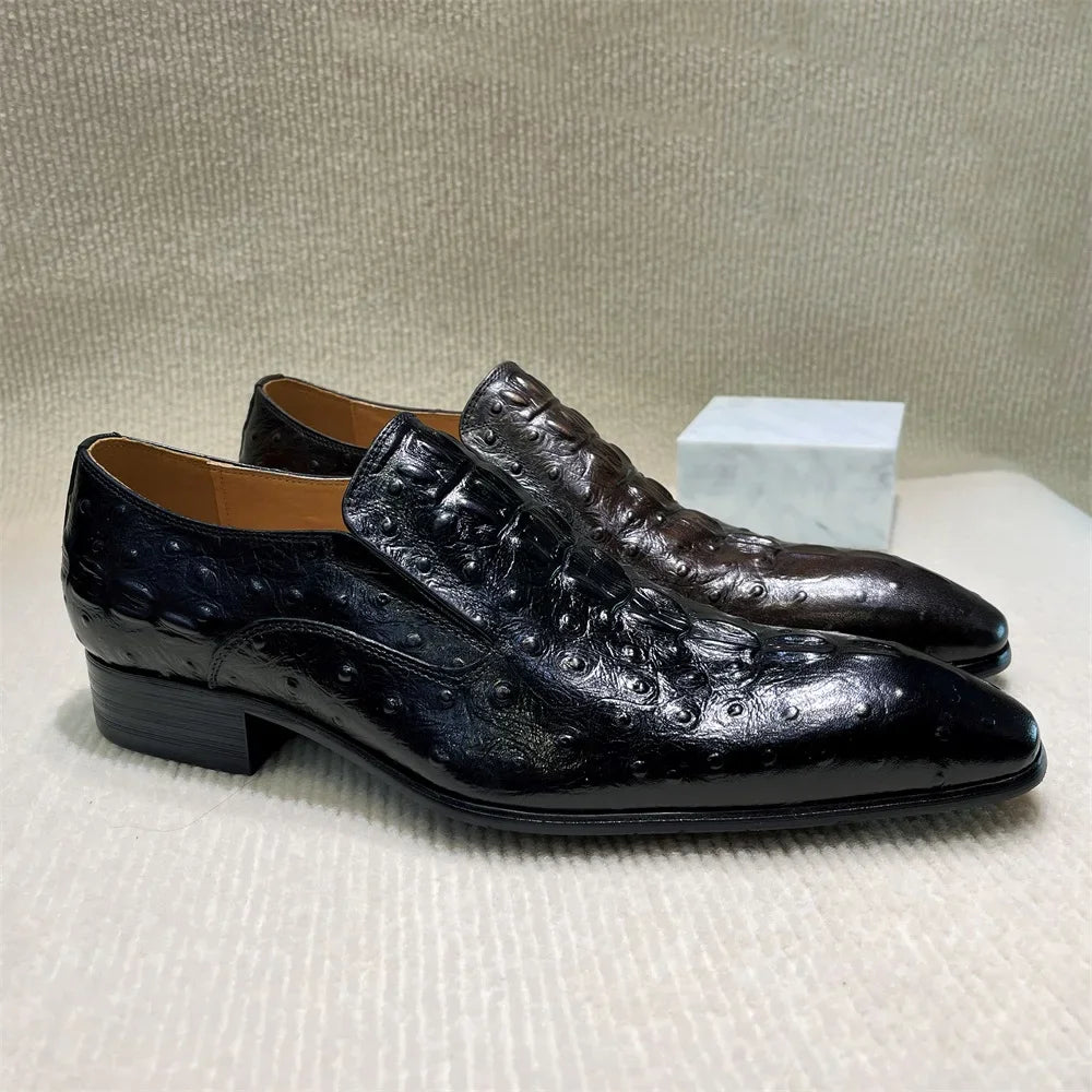 Virello – Men’s Leather loafers with ostrich print (Black / Brown) - Ashour Shoes