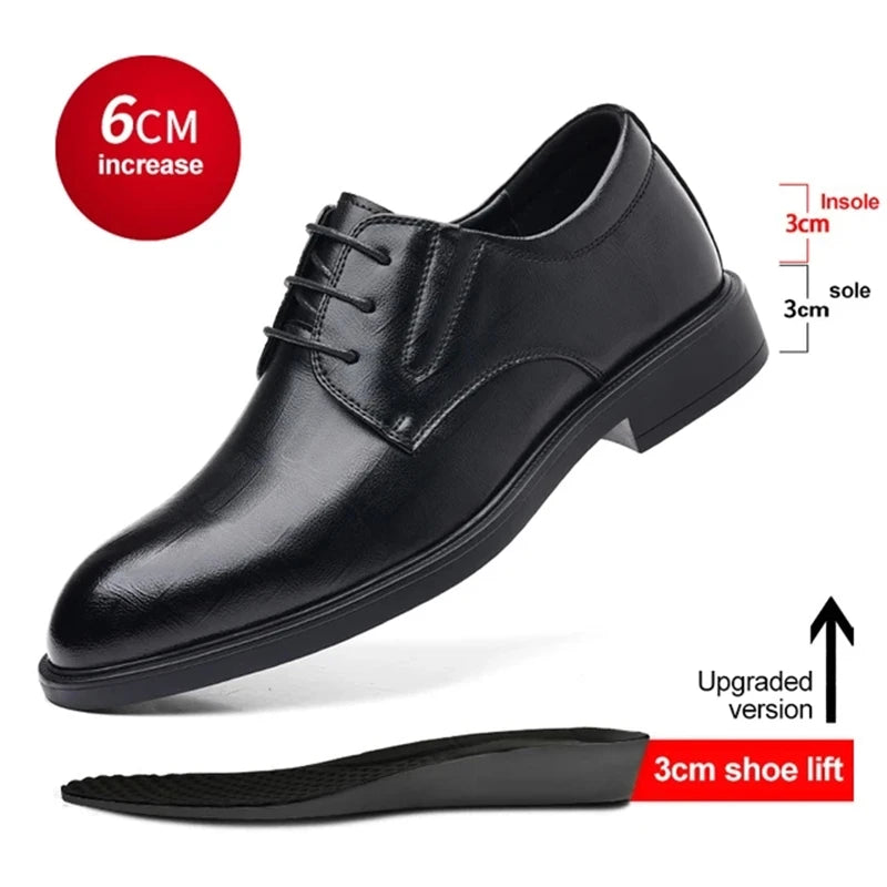 Ascenso - Men's 8 CM Height Increasing Black Split Leather Oxford Dress Shoes - Ashour Shoes