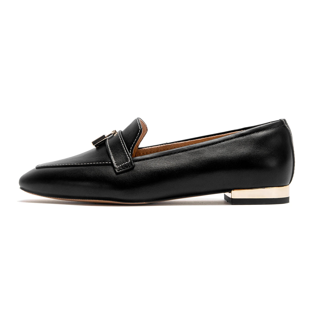 Serrata - Women's Black Faux Leather Loafers - Square Toe Gold Lock Detail Slip-On Flats