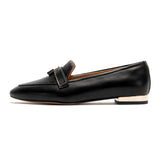 Serrata - Women's Black Faux Leather Loafers - Square Toe Gold Lock Detail Slip-On Flats - Ashour Shoes