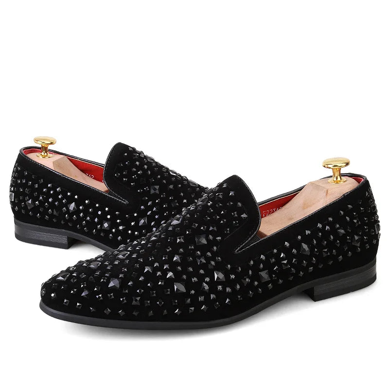 Sfarzo - Men's Black Crystal Embellished Slip-On Loafer Dress Shoes - Ashour Shoes