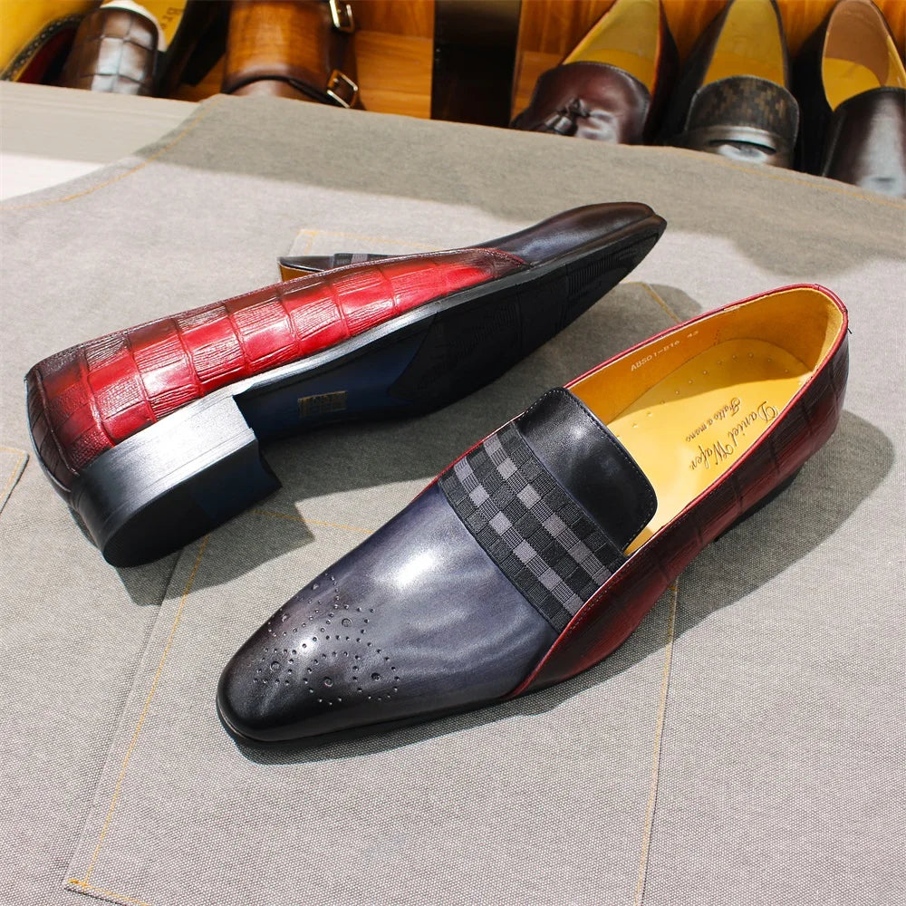 Distinto - Men's Two-Tone Leather Loafers with Checkered Band and Brogue Detail - Ashour Shoes