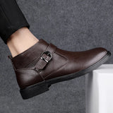 Stile - Men's Embossed Leather Buckle Ankle Boots - Ashour Shoes
