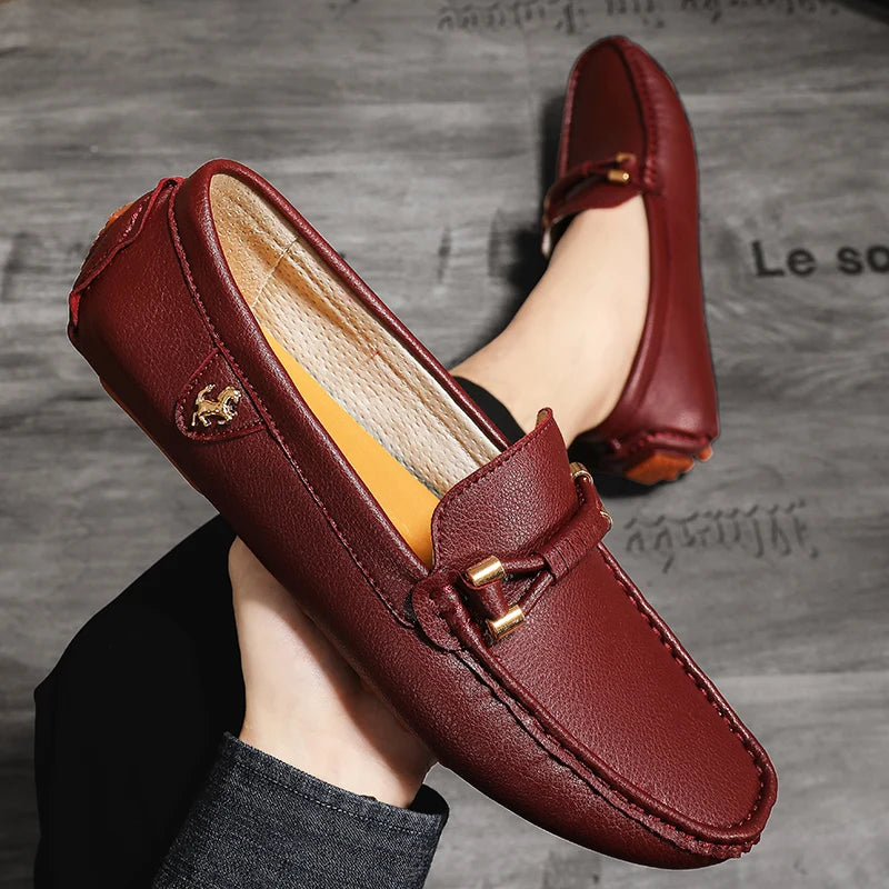 Rubino - Men's Stylish Wine Red PU Leather Driving Loafers - Ashour Shoes