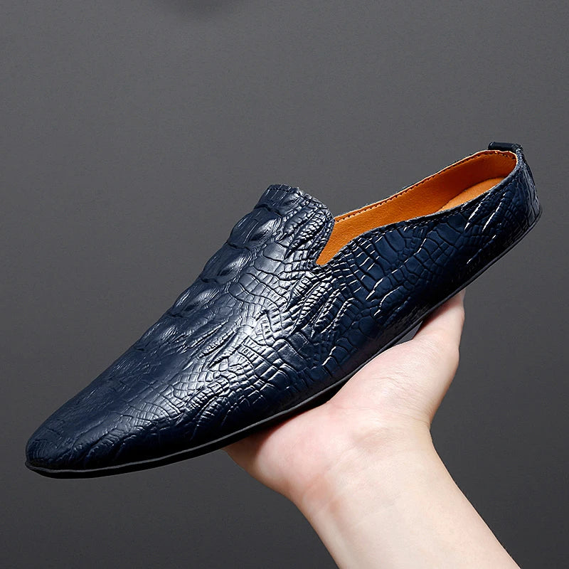Eleganza - Men's Blue Crocodile Embossed Leather Loafers - Ashour Shoes