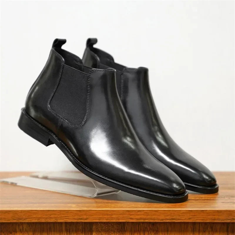 Raffinato - Men's Polished Burnished Leather-Look Chelsea Ankle Boots - Ashour Shoes