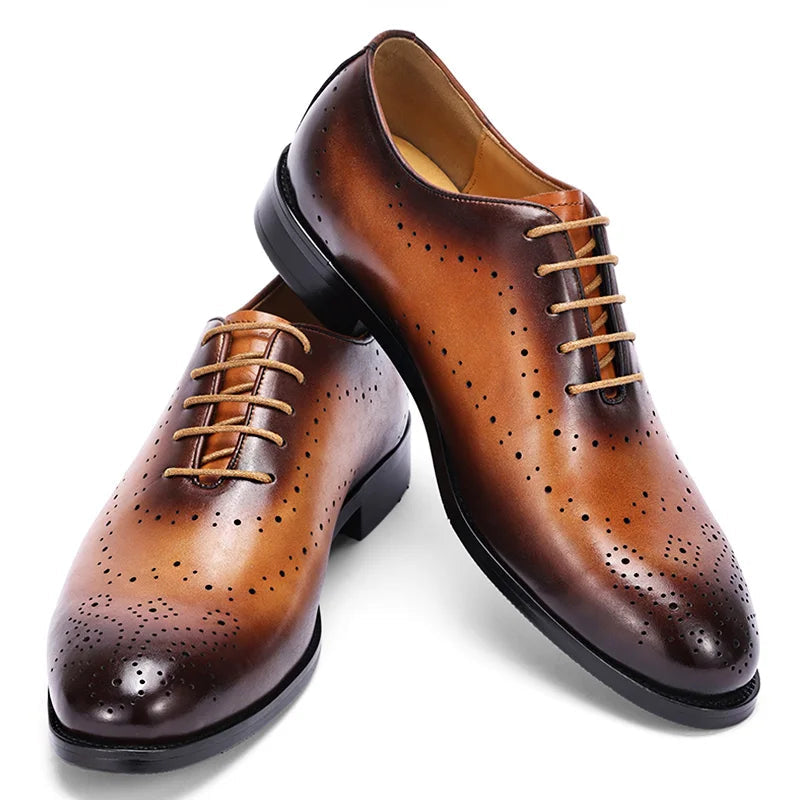 Pair of brown leather dress shoes with detailed sole design on a white background, branded 'VSLOCAL'.