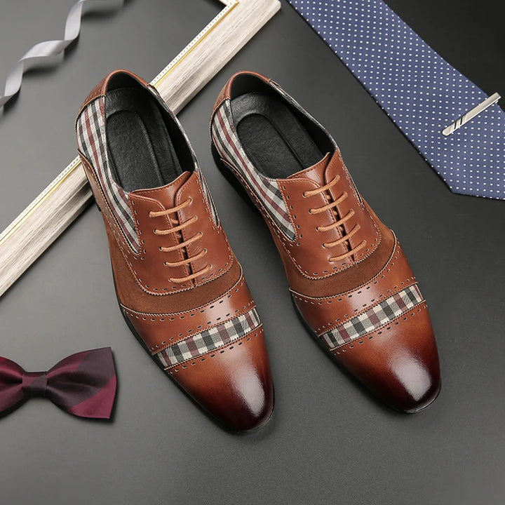 The Mash - Checkered Oxford Brogue Shoes with Patchwork tartan Fabric - Ashour Shoes