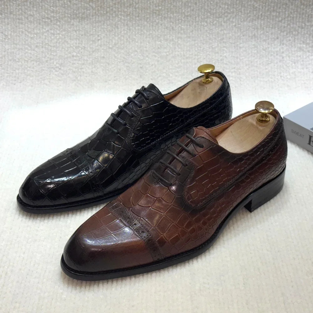 Alligatore - Men's Luxury Crocodile Embossed Leather Cap Toe Oxfords - Ashour Shoes