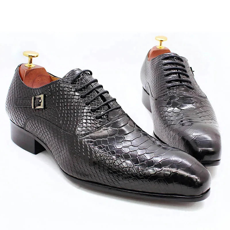 Distinto - Men's Luxury Blue Genuine Leather Snake Print Oxford Dress Shoes - Ashour Shoes