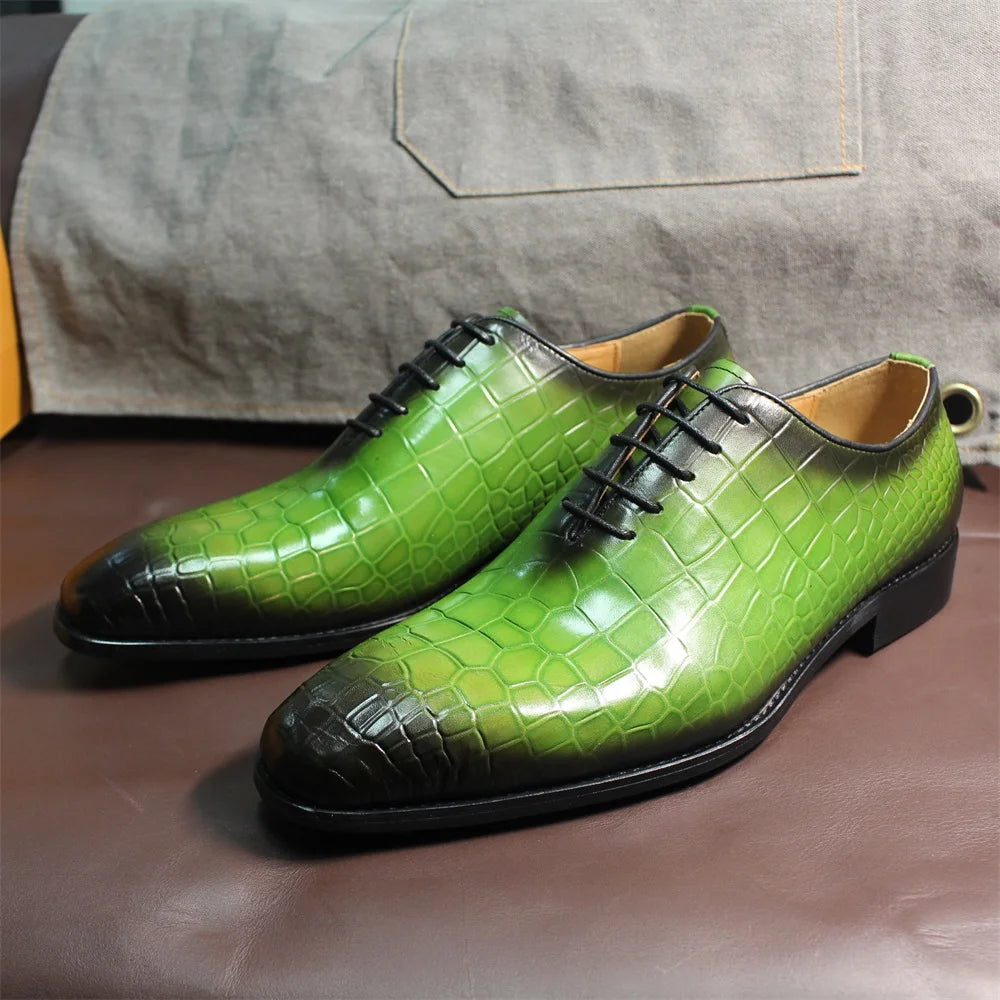 Verdeon – Men’s Crocodile-Embossed Green Dress Shoes Genuine Leather Oxford Shoes - Ashour Shoes