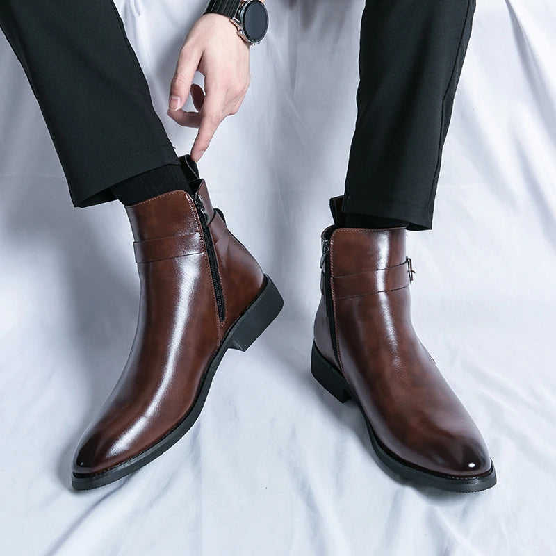 The Chiaro X - Leather ankle dress boots for men with zipper and strap - Ashour Shoes