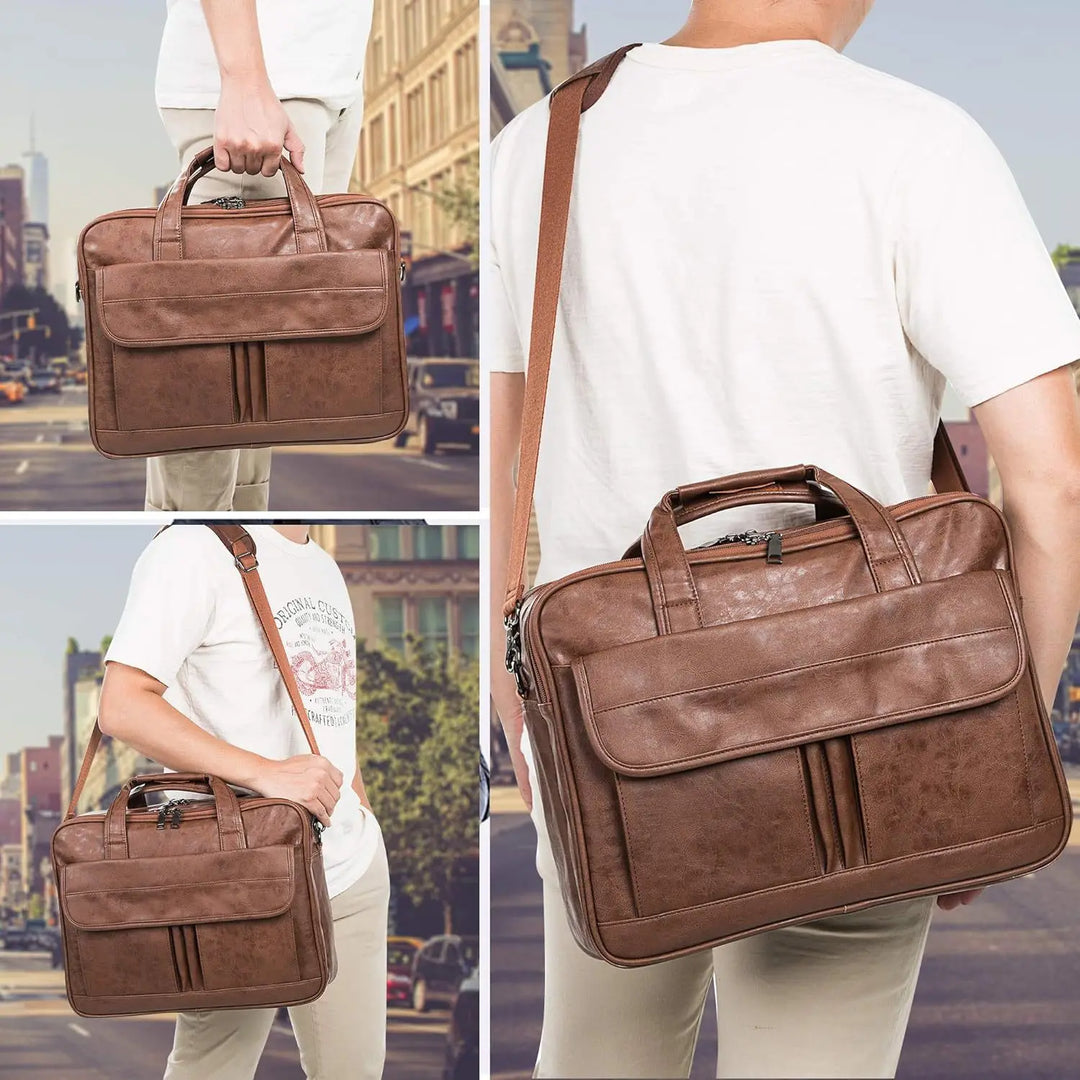 V2 - Men's Vegan Leather Business Briefcase Versatile Shoulder Bag with Multi-Pocket