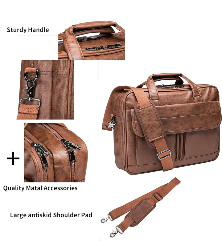 V2 - Men's Vegan Leather Business Briefcase Versatile Shoulder Bag with Multi-Pocket