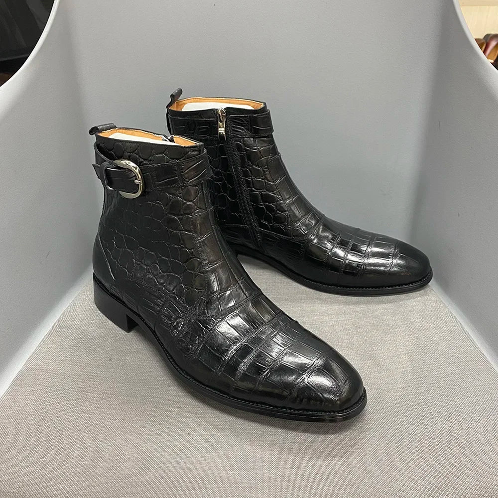 Divo - Men's Genuine Leather Crocodile Print Zip Buckle Ankle Boots - Ashour Shoes