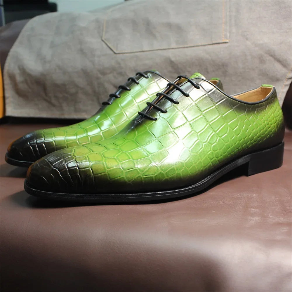 Verdeon – Men’s Crocodile-Embossed Green Dress Shoes Genuine Leather Oxford Shoes - Ashour Shoes