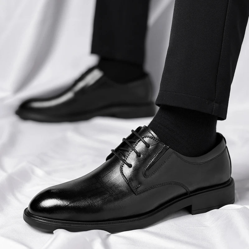 Ascenso - Men's 8 CM Height Increasing Black Split Leather Oxford Dress Shoes - Ashour Shoes