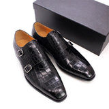 Maestro - Men's Elegant Black Crocodile Embossed Double Monk Strap Dress Shoes - Ashour Shoes