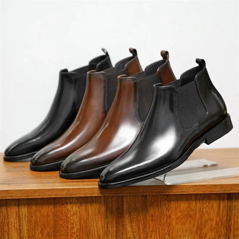 Raffinato - Men's Polished Burnished Leather-Look Chelsea Ankle Boots - Ashour Shoes