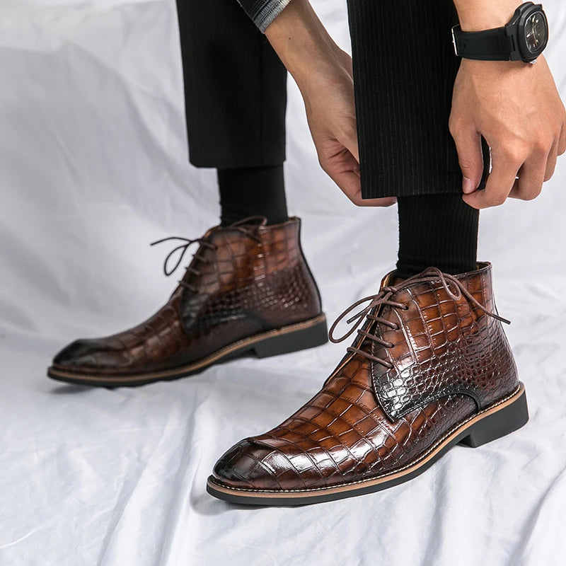 Bromley – Men’s Alligator-Print Leather Ankle Boots – Winter Dress Boots - Ashour Shoes