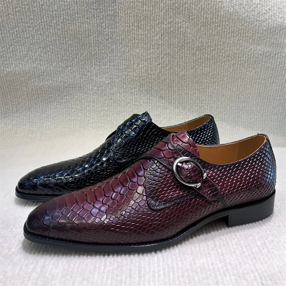 Serpente - Men's Elegant Burgundy Embossed Leather Monk Strap Dress Shoes - Ashour Shoes