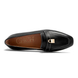 Serrata - Women's Black Faux Leather Loafers - Square Toe Gold Lock Detail Slip-On Flats - Ashour Shoes