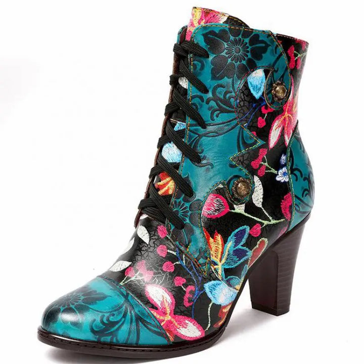 Armak2 - Vibrant floral pattern leather booties for women