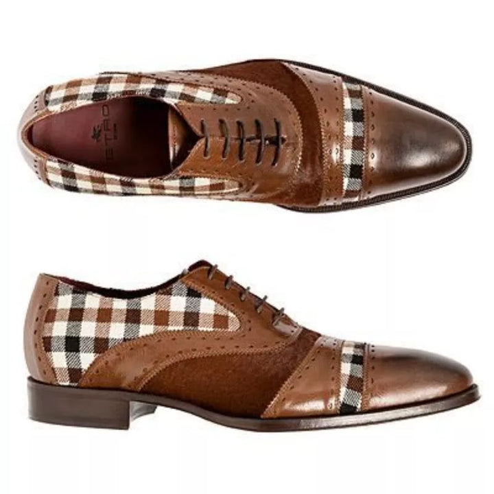 The Mash - Checkered Oxford Brogue Shoes with Patchwork tartan Fabric - Ashour Shoes