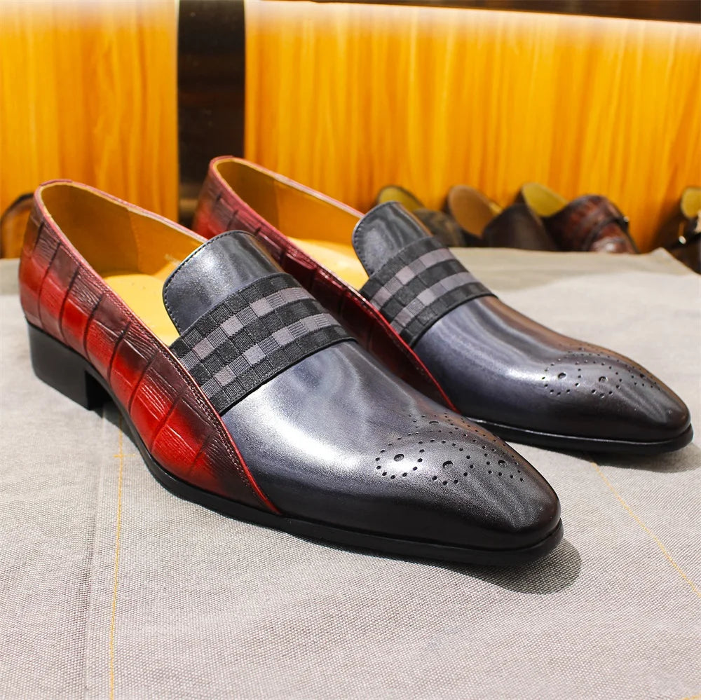 Distinto - Men's Two-Tone Leather Loafers with Checkered Band and Brogue Detail - Ashour Shoes