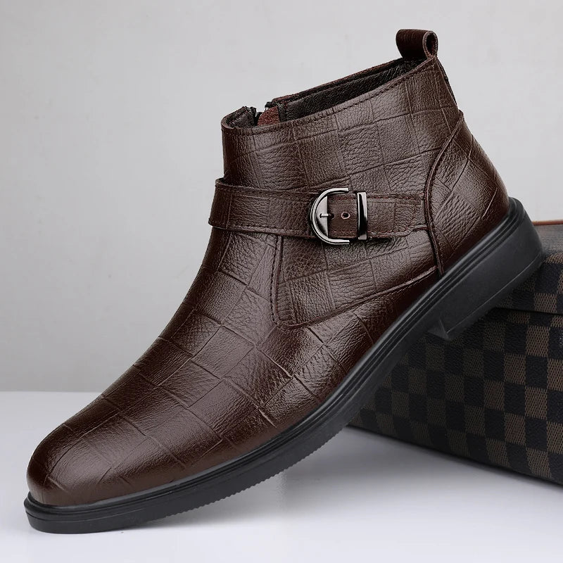 Stile - Men's Embossed Leather Buckle Ankle Boots - Ashour Shoes