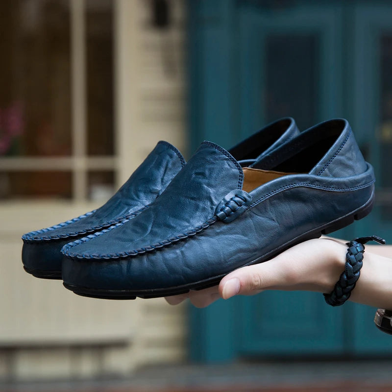 Comodo - Men's Dark Blue Leather Driving Loafers - Ashour Shoes